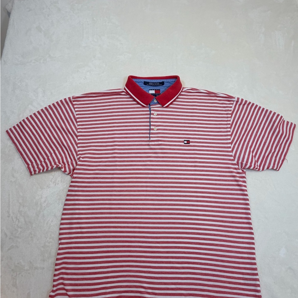 90’s Vintage Tommy Hilfiger Red & White Striped Polo with Contrast Collar